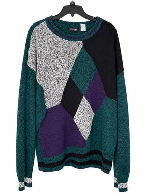 Vintage Stefano Man XL Argyle Colorblock Sweater 55% Ramie 90s Grandpa
